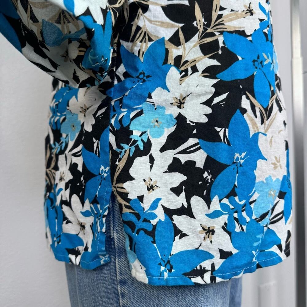 Linen Blend Floral Button Up Shirt Size Medium Resort Top Jaclyn Smith Blue - Picture 6 of 8